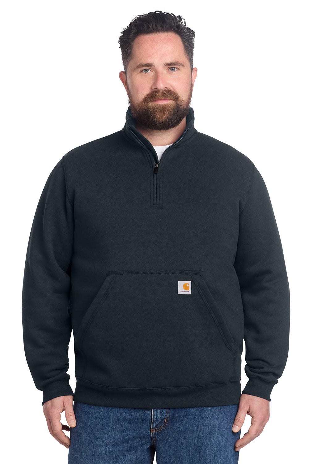 Man wearing a black Carhartt pullover on a white background, Embroidered Carhartt® Midweight 1/4-Zip Mock Neck Sweatshirt