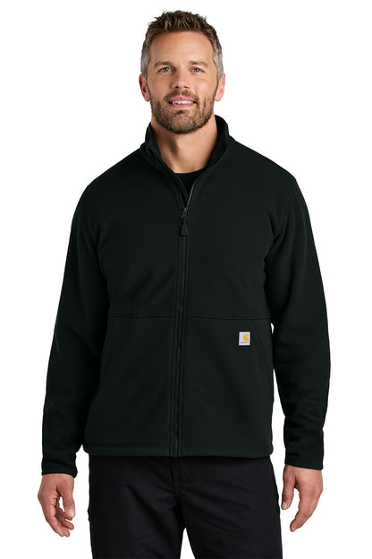 Man wearing a black fleece jacket on a white background embroidered Carhartt® Textured Full-Zip Fleece Jacket