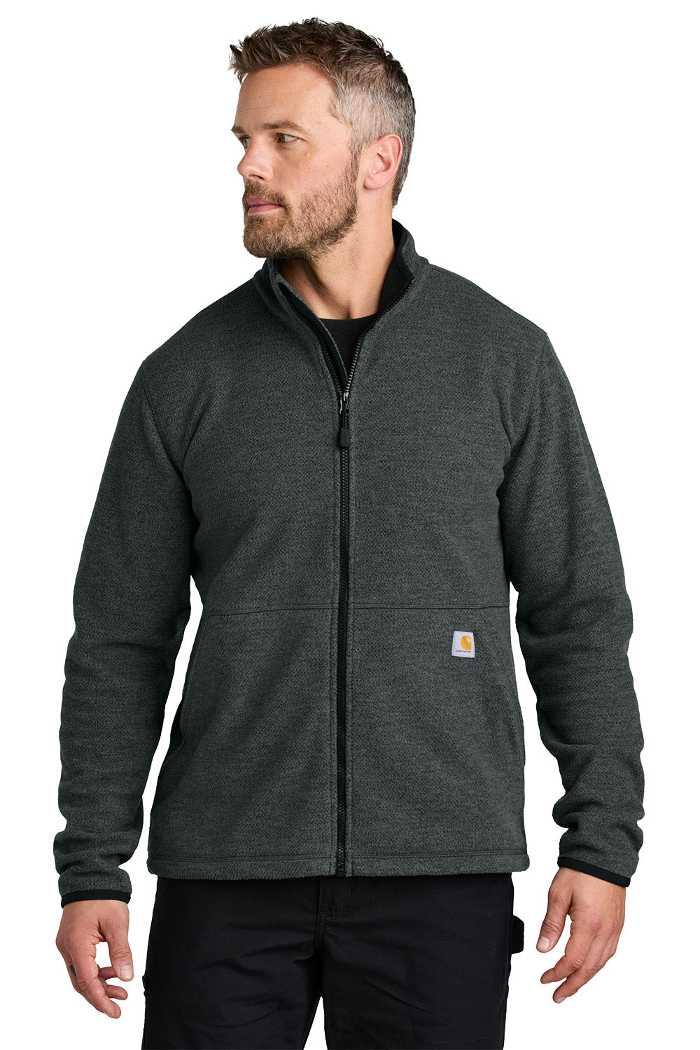 Man wearing a dark gray fleece jacket on a white background embroidered Carhartt® Textured Full-Zip Fleece Jacket