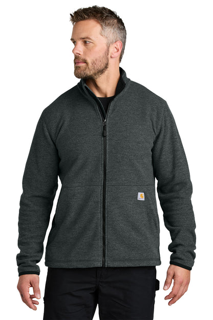 Man wearing a dark gray fleece jacket on a white background embroidered Carhartt® Textured Full-Zip Fleece Jacket