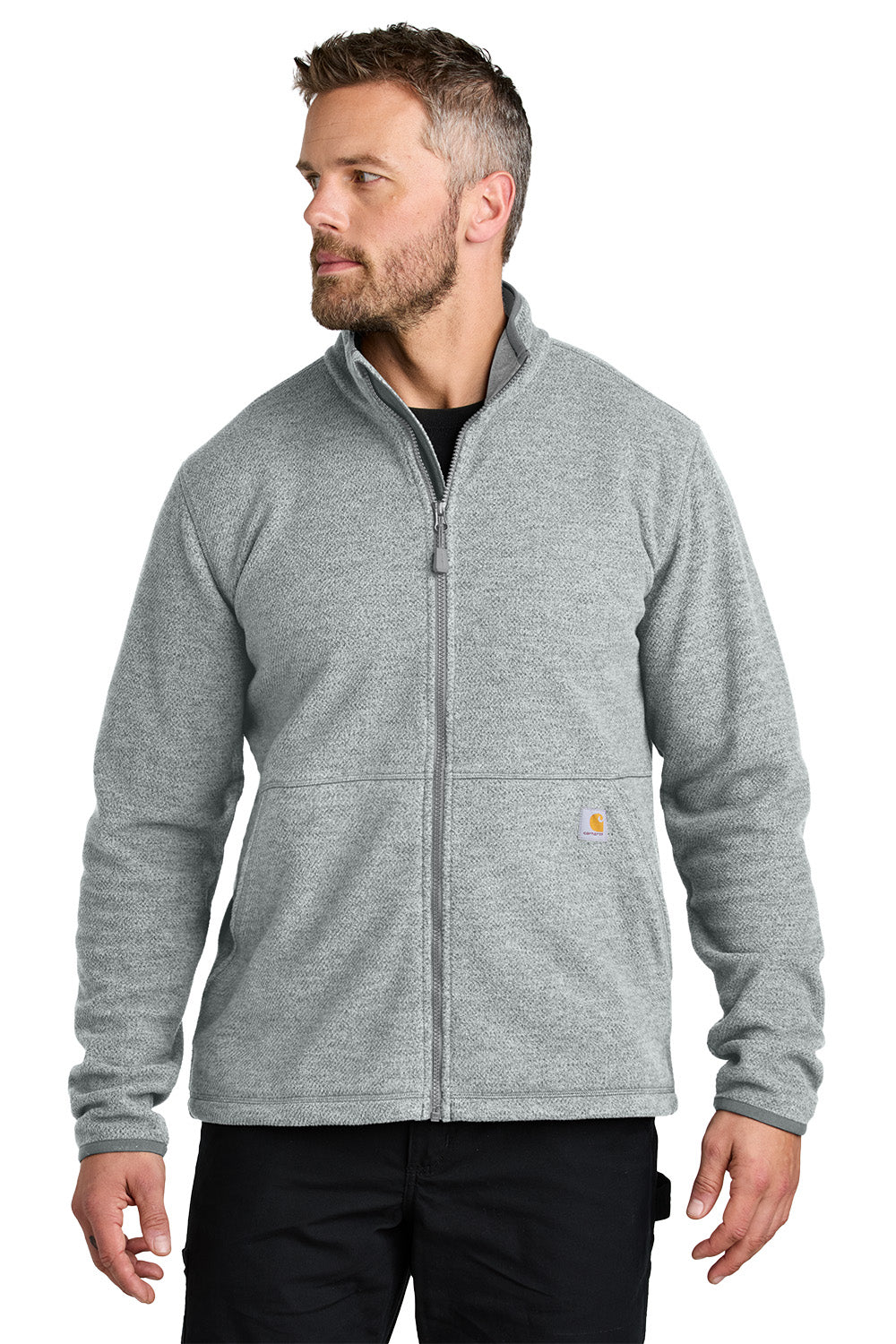 Man wearing a gray zip-up sweatshirt on a white background embroidered Carhartt® Textured Full-Zip Fleece Jacket