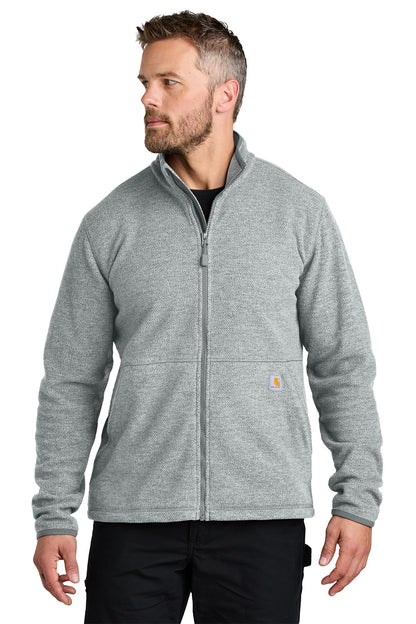 Man wearing a gray zip-up sweatshirt on a white background embroidered Carhartt® Textured Full-Zip Fleece Jacket