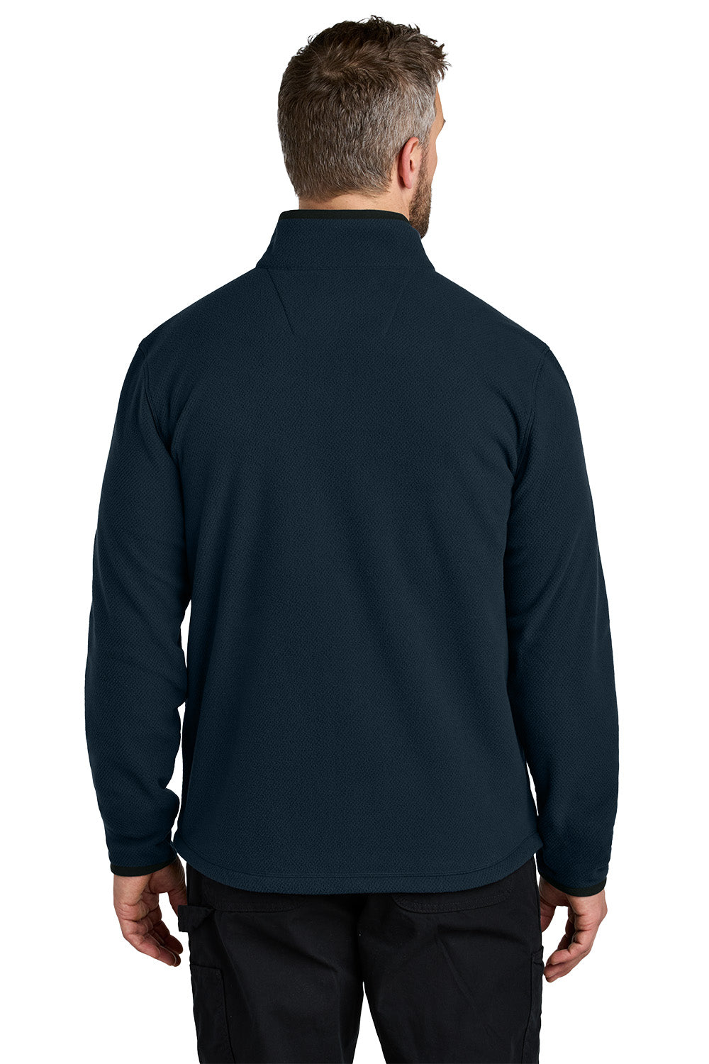 Man wearing a navy blue pullover with a white background embroidered Carhartt® Textured Full-Zip Fleece Jacket