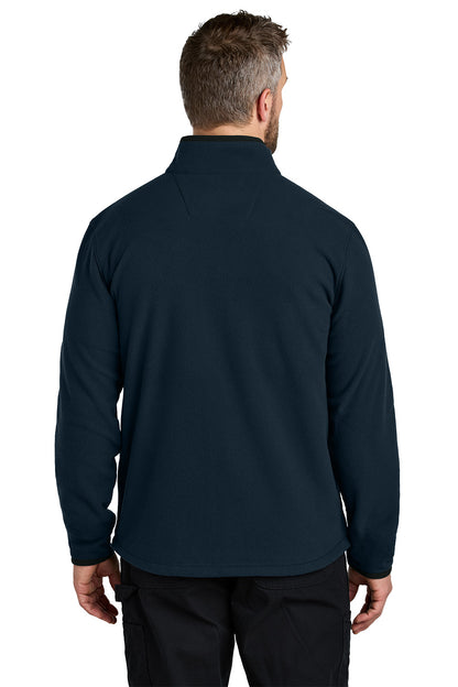 Man wearing a navy blue pullover with a white background embroidered Carhartt® Textured Full-Zip Fleece Jacket