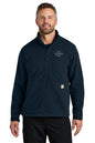 Man wearing a navy blue jacket with a customizable logo area on a white background embroidered Carhartt® Textured Full-Zip Fleece Jacket