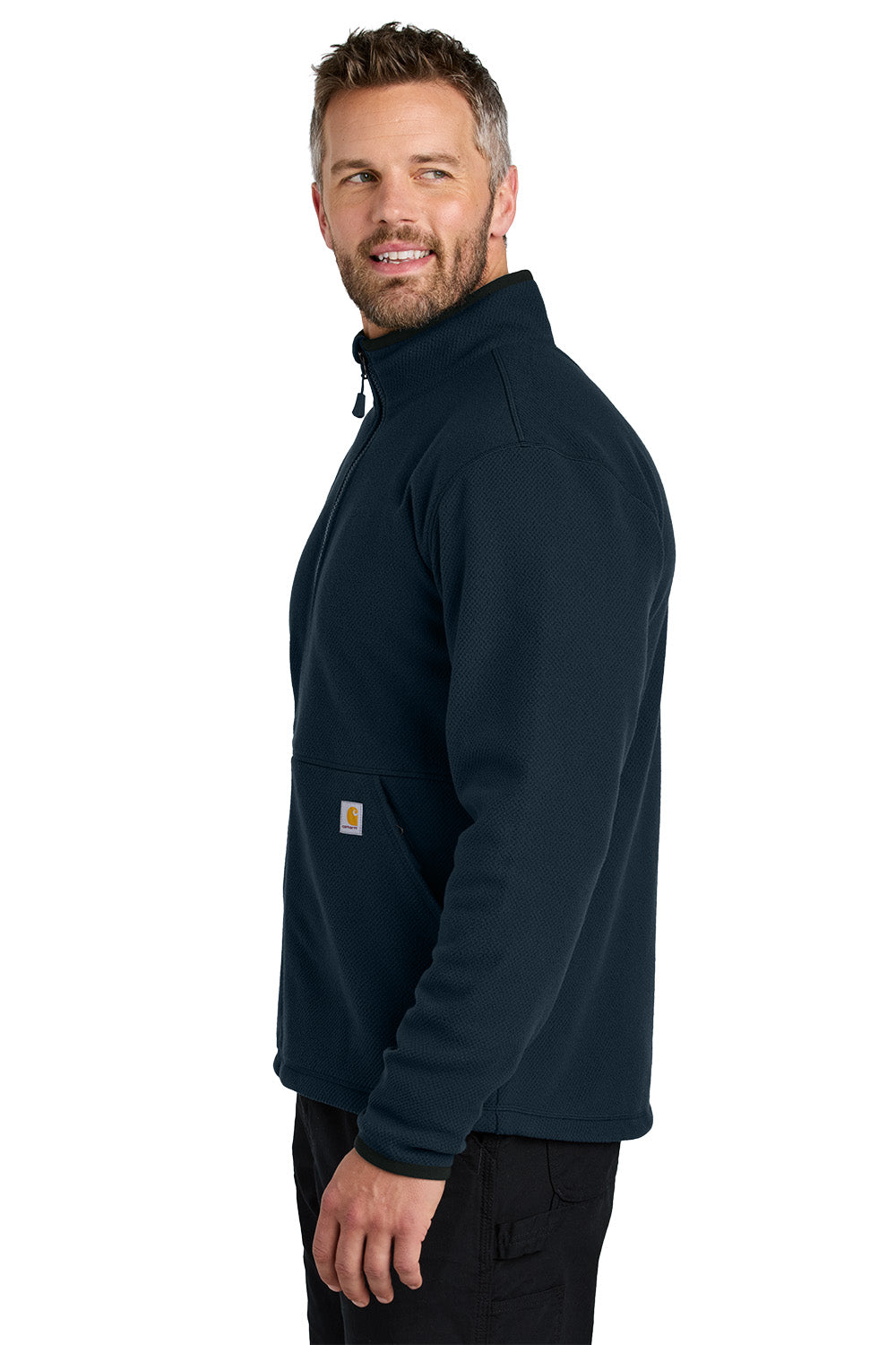 Man wearing a navy blue fleece jacket on a white background embroidered Carhartt® Textured Full-Zip Fleece Jacket