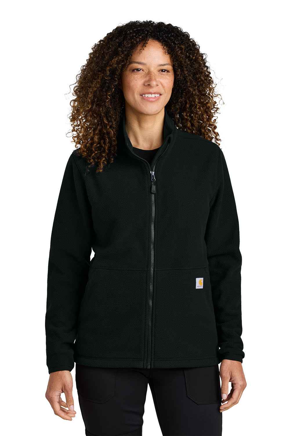 Person wearing a black Carhartt jacket on a white background  embroidered Carhartt® Women’s Textured Full-Zip Fleece Jacket