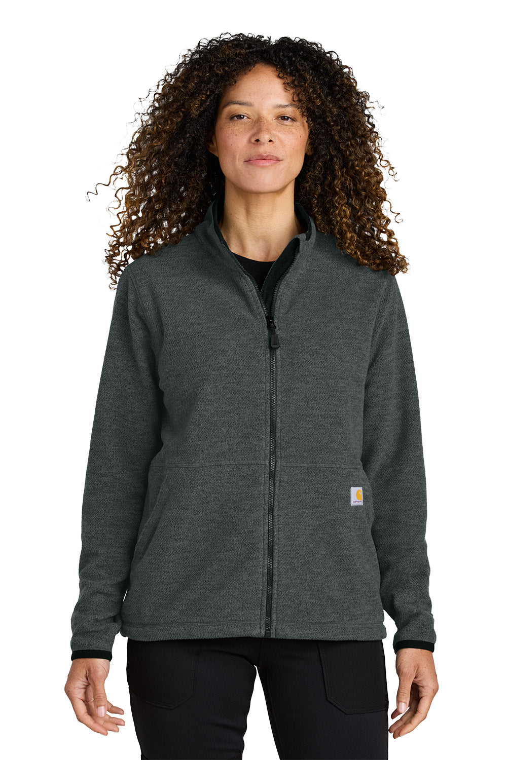 Person wearing a dark gray jacket on a white background  embroidered Carhartt® Women’s Textured Full-Zip Fleece Jacket