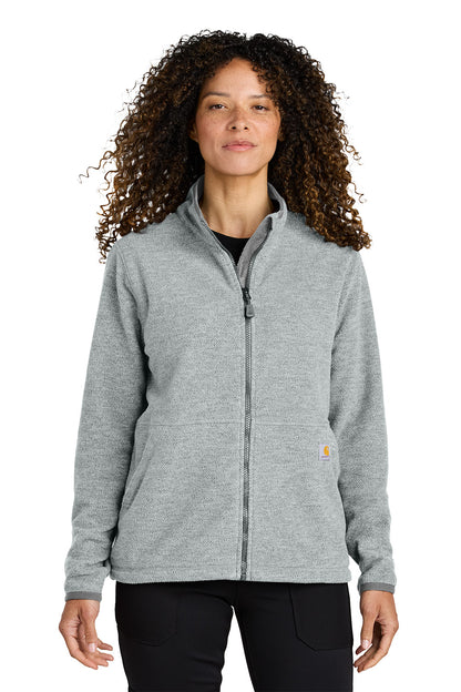 Woman wearing a gray fleece jacket on a white background  embroidered Carhartt® Women’s Textured Full-Zip Fleece Jacket