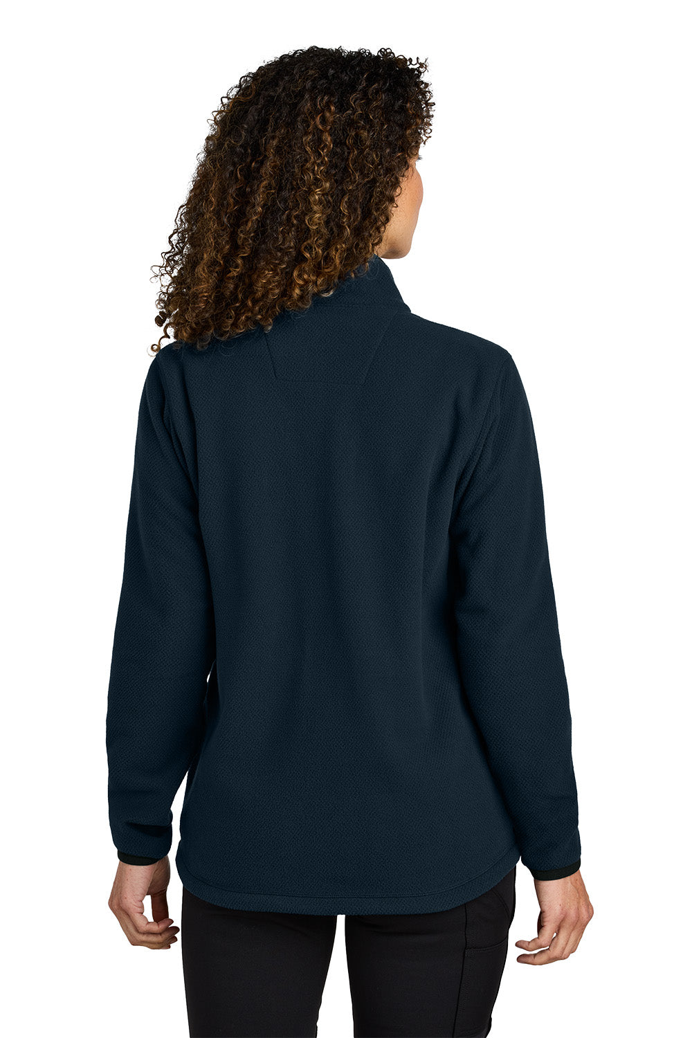 Person wearing a navy blue jacket on a white background  embroidered Carhartt® Women’s Textured Full-Zip Fleece Jacket