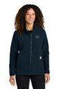 Person wearing a navy blue jacket with a logo on a white background embroidered Carhartt® Women’s Textured Full-Zip Fleece Jacket