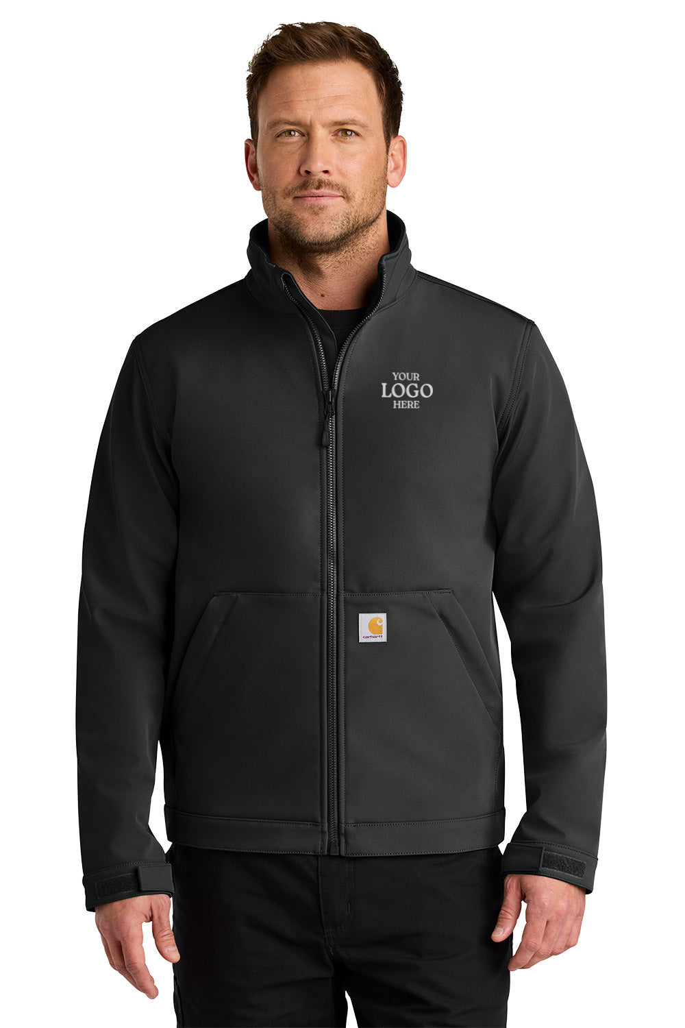 Man wearing a black jacket with customizable text on a white background Carhartt® Rain Defender® Soft Shell Jacket, Embroidered