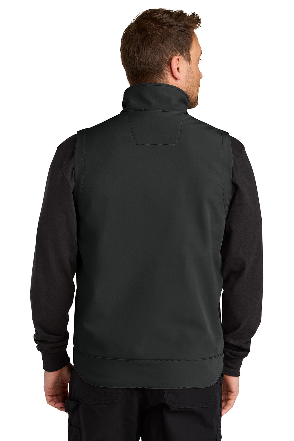 Man wearing a black half-zip sweatshirt on a white background embroidered Carhartt® Rain Defender® Soft Shell Vest