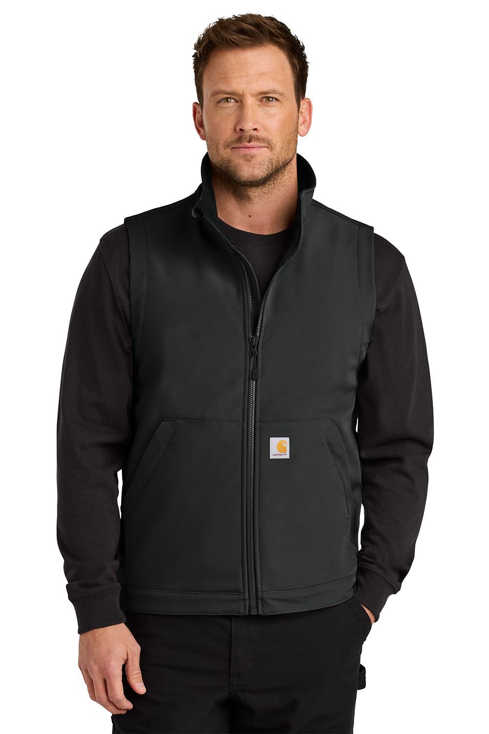 Man wearing a black Carhartt vest on a white background embroidered Carhartt® Rain Defender® Soft Shell Vest