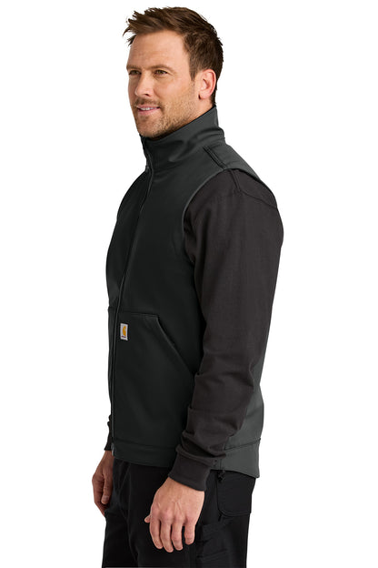 Man wearing a black Carhartt vest on a white background embroidered Carhartt® Rain Defender® Soft Shell Vest
