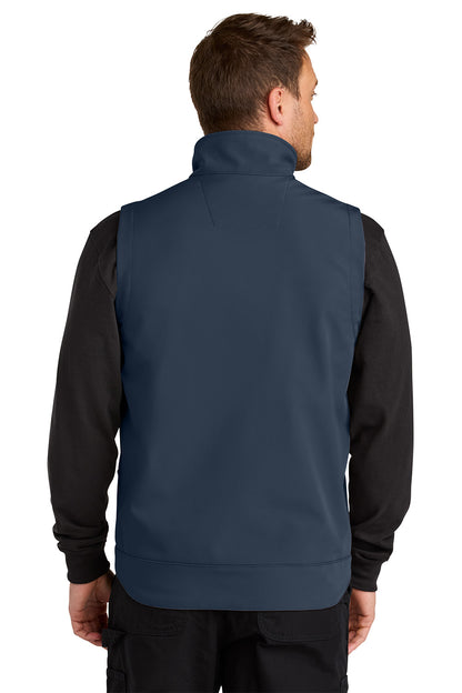Man wearing a navy blue vest over a black long-sleeve shirt on a white background embroidered Carhartt® Rain Defender® Soft Shell Vest