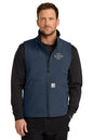 Man wearing a navy blue vest with space for a logo on a white background embroidered Carhartt® Rain Defender® Soft Shell Vest