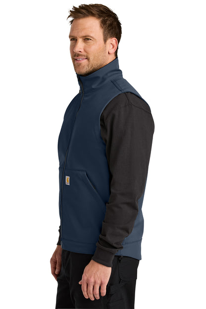 Man wearing a two-tone vest with navy and black colors on a white background embroidered Carhartt® Rain Defender® Soft Shell Vest
