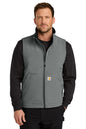 Man wearing a gray Carhartt vest over a black long-sleeve shirt on a white background embroidered Carhartt® Rain Defender® Soft Shell Vest
