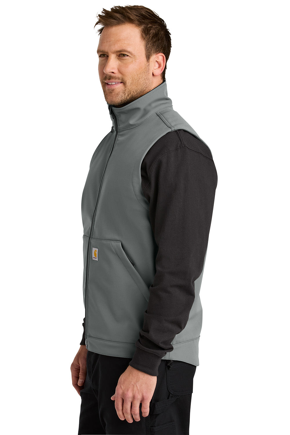 Man wearing a gray and black two-tone pullover vest on a white background embroidered Carhartt® Rain Defender® Soft Shell Vest