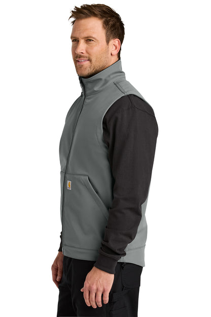 Man wearing a gray and black two-tone pullover vest on a white background embroidered Carhartt® Rain Defender® Soft Shell Vest