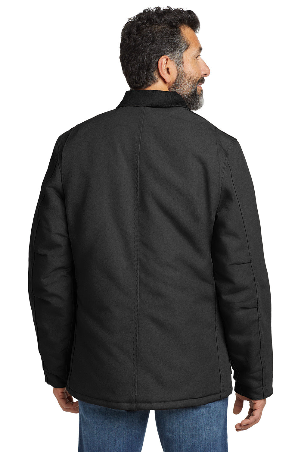 Man wearing a black jacket on a white background embroidered Carhartt® Duck Traditional Coat