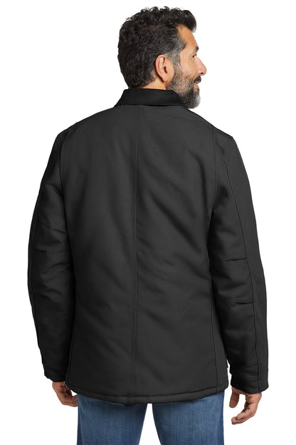 Man wearing a black jacket on a white background embroidered Carhartt® Duck Traditional Coat