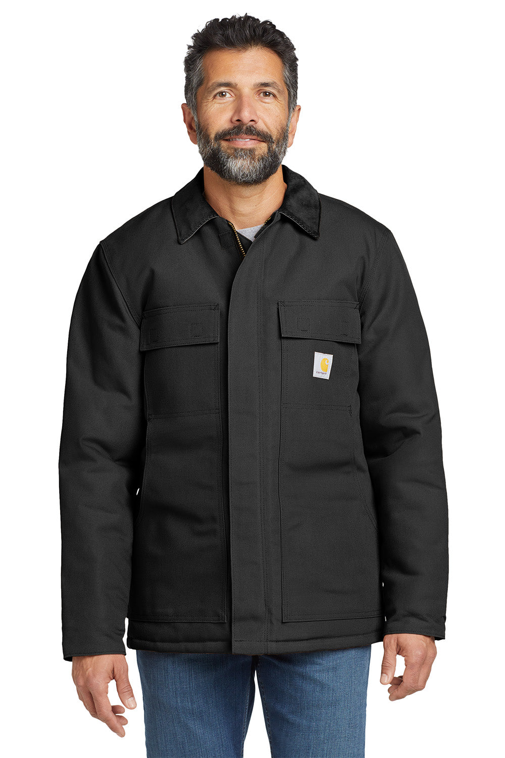 Man wearing a black jacket with a visible brand logo on a white background embroidered Carhartt® Duck Traditional Coat