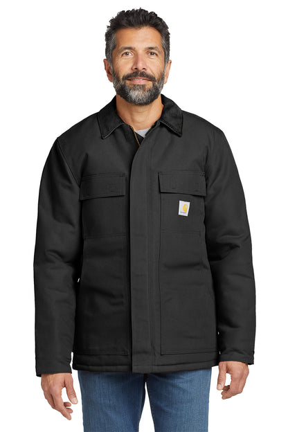 Man wearing a black jacket with a visible brand logo on a white background embroidered Carhartt® Duck Traditional Coat