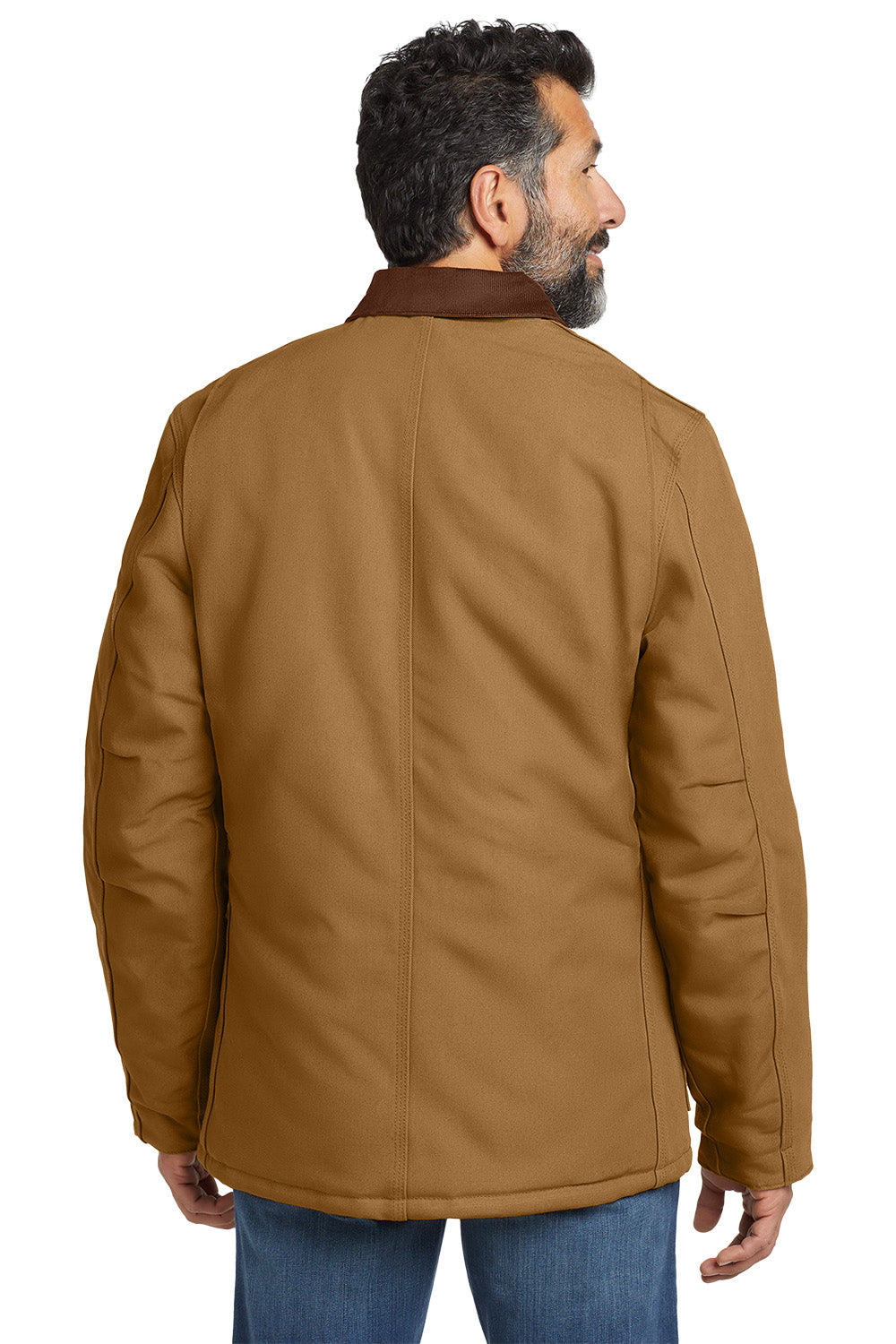 Man wearing a brown jacket on a white background embroidered Carhartt® Duck Traditional Coat