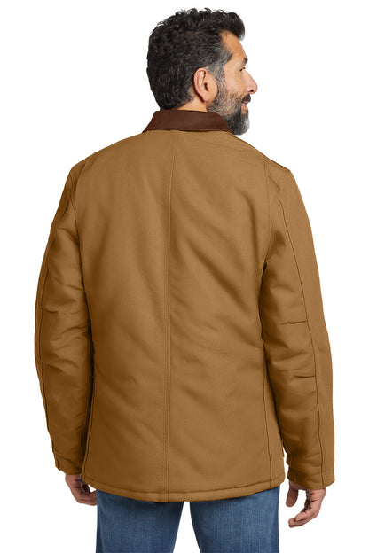 Man wearing a brown jacket on a white background embroidered Carhartt® Duck Traditional Coat