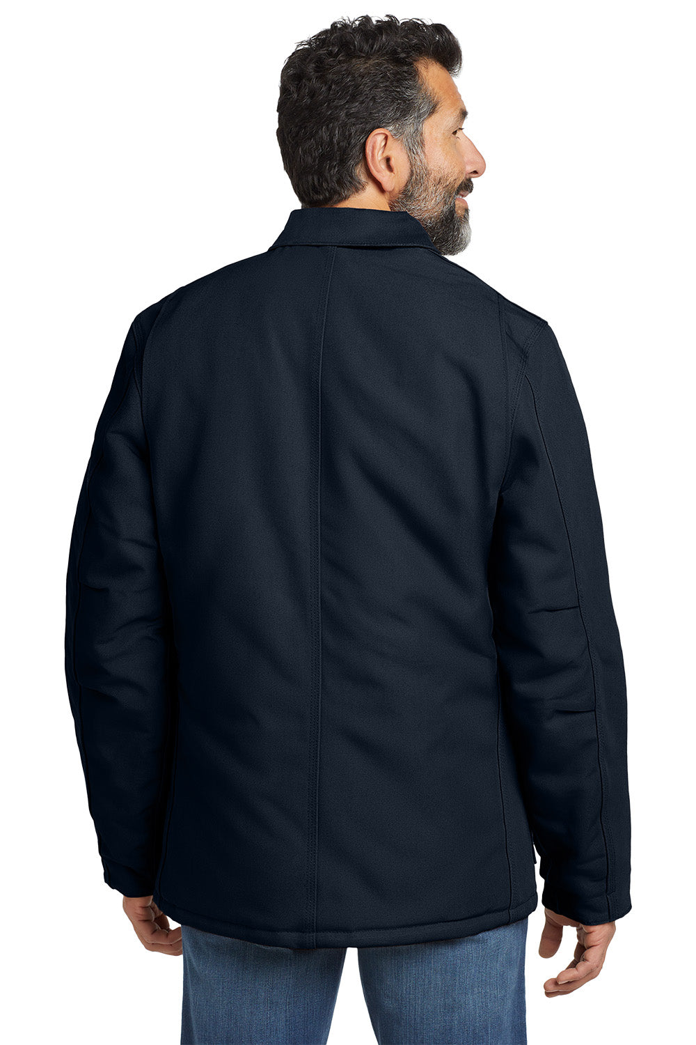 Man wearing a black jacket on a white background embroidered Carhartt® Duck Traditional Coat