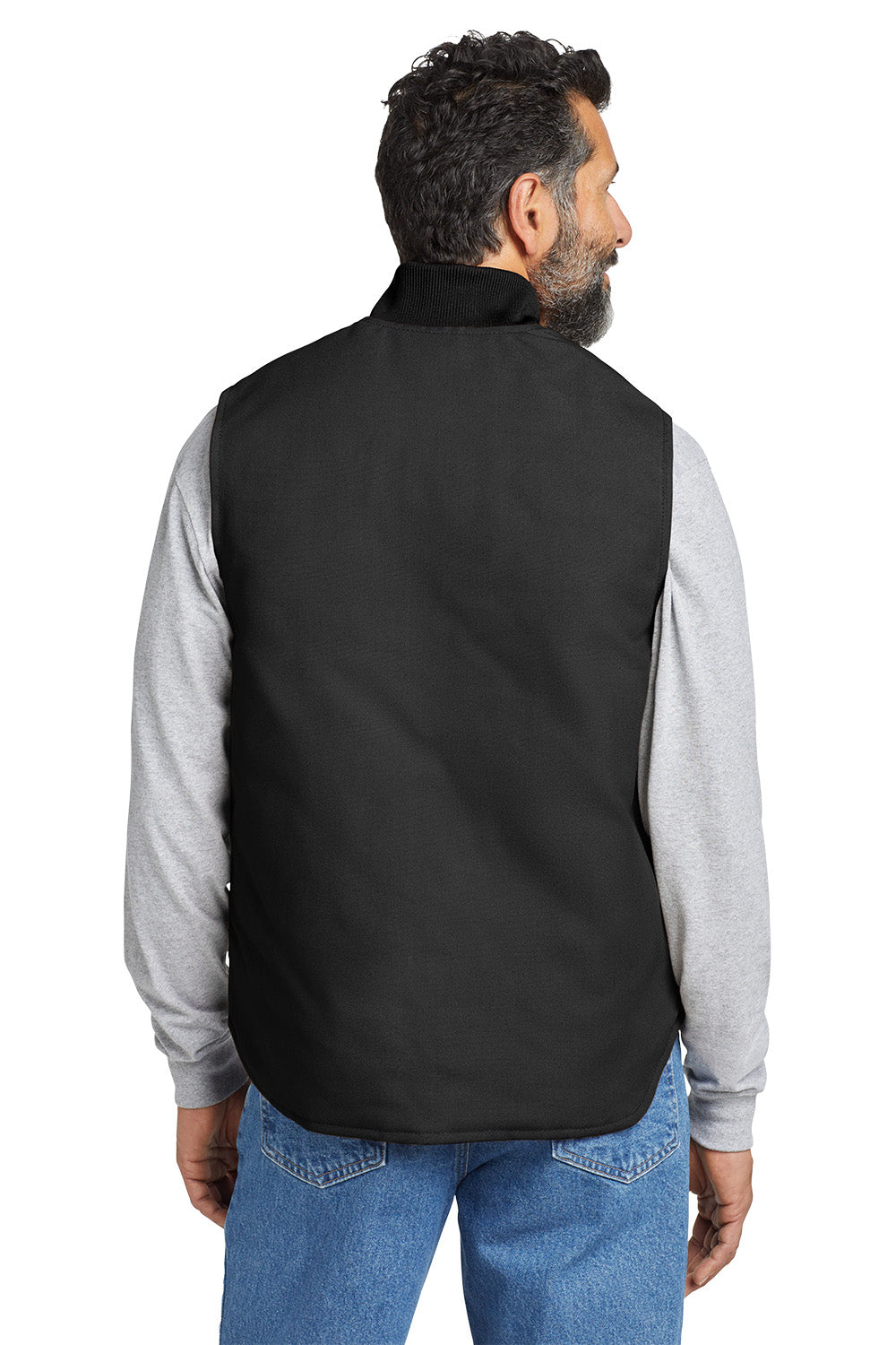 Man wearing a black vest over a gray long-sleeve shirt with a white background embroidered Carhartt® Duck Vest