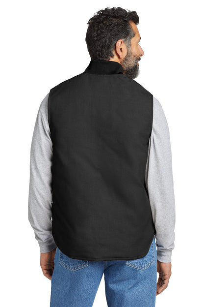 Man wearing a black vest over a gray long-sleeve shirt with a white background embroidered Carhartt® Duck Vest