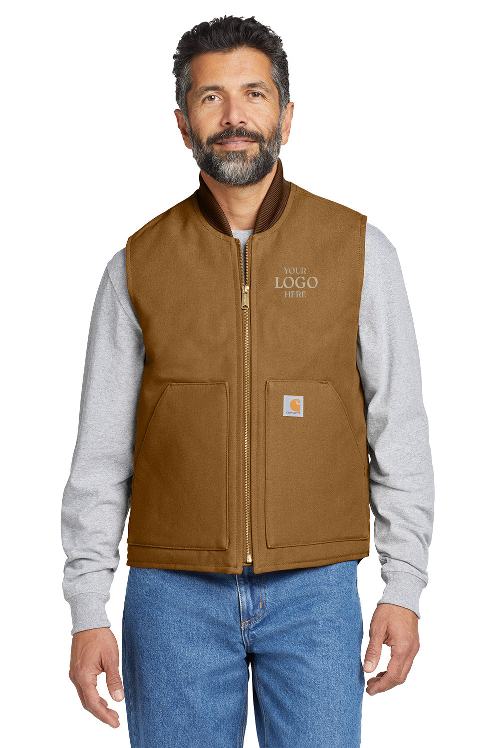 Man wearing a brown vest with a placeholder logo on a white background embroidered Carhartt® Duck Vest