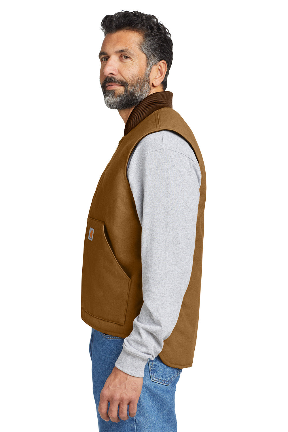Man wearing a brown vest over a gray shirt on a white background embroidered Carhartt® Duck Vest