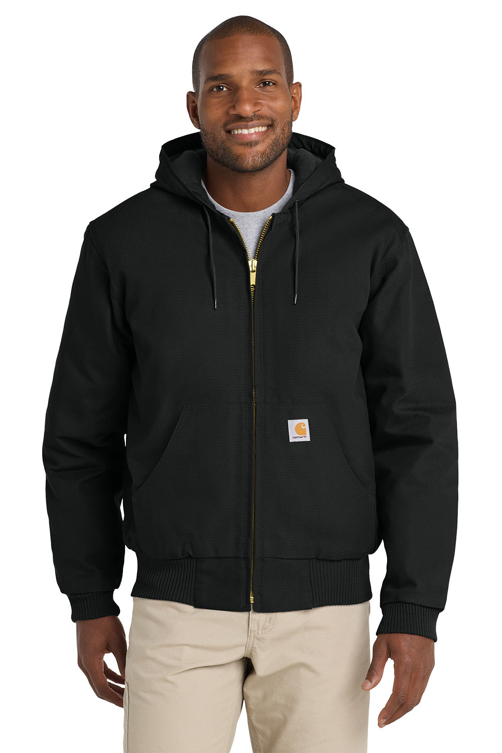 Man wearing a black hoodie with a visible brand logo on a white background embroidered Carhartt® Quilted-Flannel-Lined Duck Active Jac