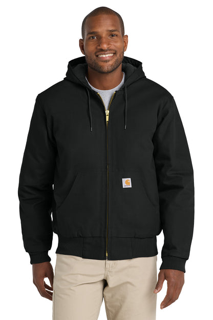 Man wearing a black hoodie with a visible brand logo on a white background embroidered Carhartt® Quilted-Flannel-Lined Duck Active Jac