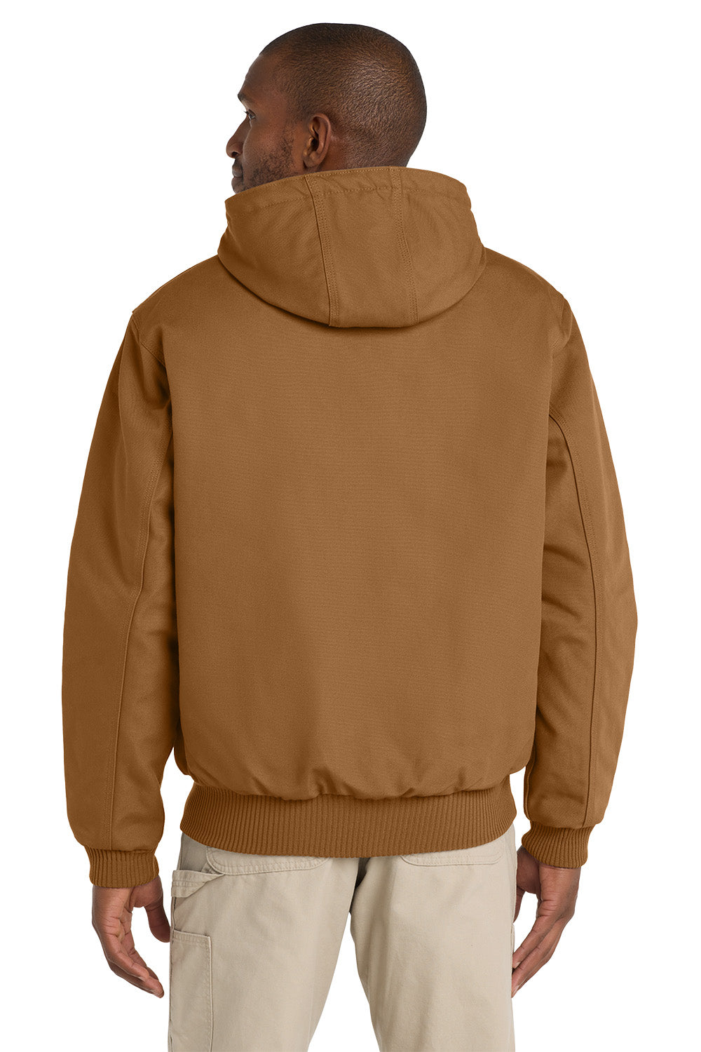 Man wearing a brown jacket with a hood on a white background embroidered Carhartt® Quilted-Flannel-Lined Duck Active Jac