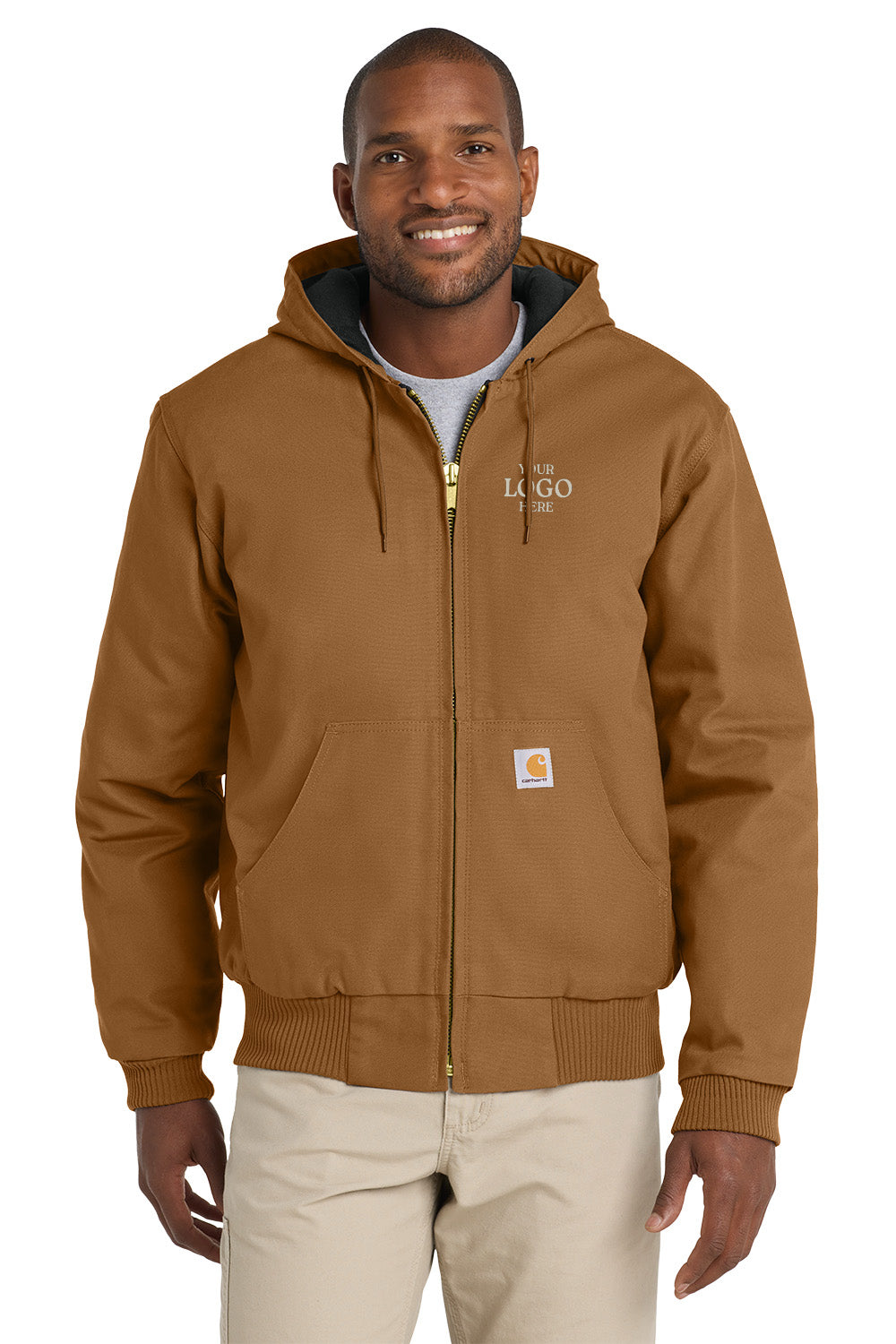 Man wearing a brown Carhartt hoodie with a logo on a white background embroidered Carhartt® Quilted-Flannel-Lined Duck Active Jac
