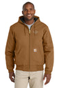 Man wearing a brown Carhartt hoodie with a logo on a white background embroidered Carhartt® Quilted-Flannel-Lined Duck Active Jac