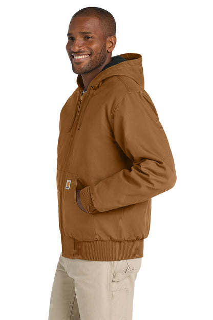 Man wearing a brown hoodie on a white background embroidered Carhartt® Quilted-Flannel-Lined Duck Active Jac