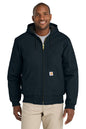 Man wearing a navy blue hoodie with a visible brand logo on a white background embroidered Carhartt® Quilted-Flannel-Lined Duck Active Jac