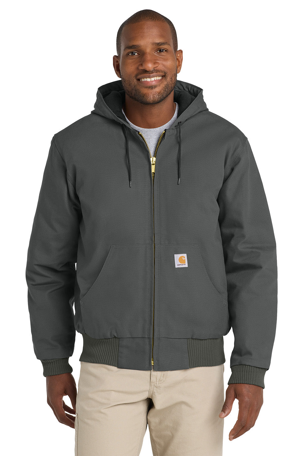 Man wearing a gray hoodie with a white background embroidered Carhartt® Quilted-Flannel-Lined Duck Active Jac