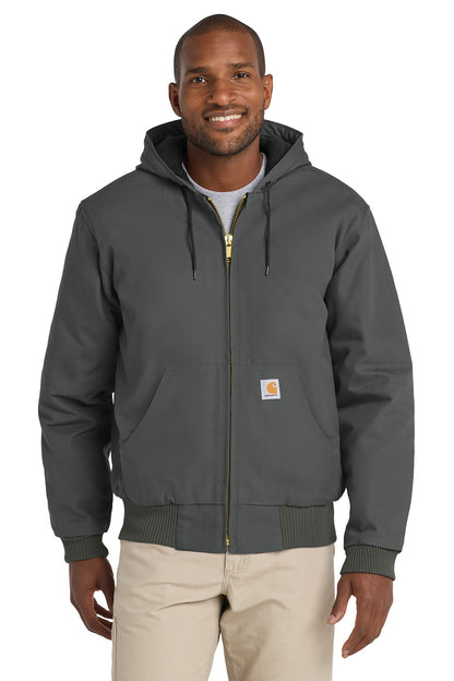 Man wearing a gray hoodie with a white background embroidered Carhartt® Quilted-Flannel-Lined Duck Active Jac