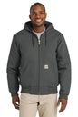 Man wearing a gray hoodie with a white background embroidered Carhartt® Quilted-Flannel-Lined Duck Active Jac