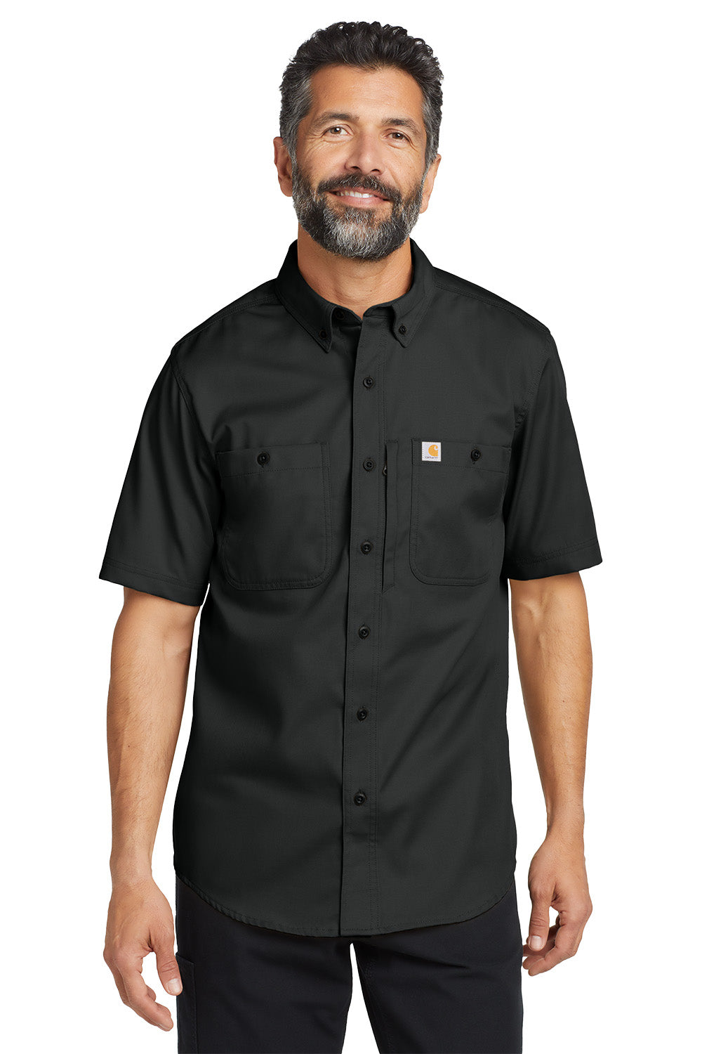 Man wearing a black short-sleeve shirt with Carhartt logo on a white background embroidered Carhartt® Rugged Professional™ Series Short Sleeve Shirt