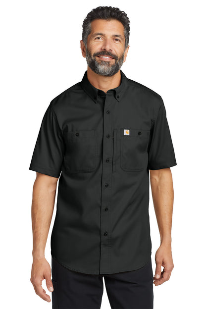 Man wearing a black short-sleeve shirt with Carhartt logo on a white background embroidered Carhartt® Rugged Professional™ Series Short Sleeve Shirt