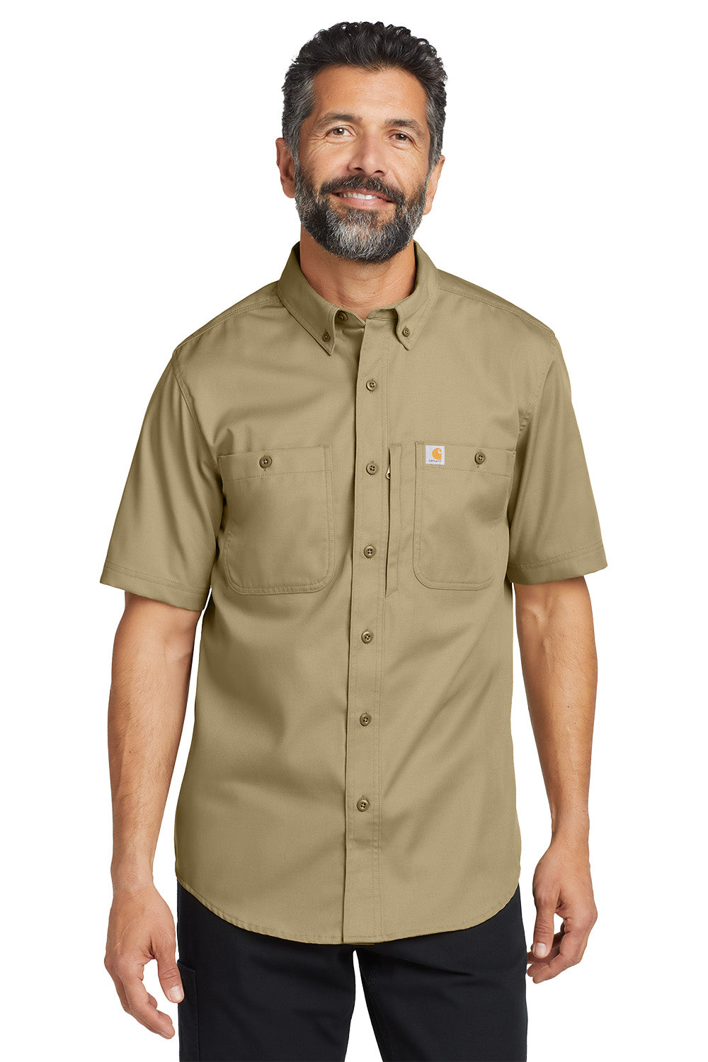 Man wearing a beige short-sleeve shirt with Carhartt logo on a white background embroidered Carhartt® Rugged Professional™ Series Short Sleeve Shirt
