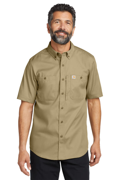 Man wearing a beige short-sleeve shirt with Carhartt logo on a white background embroidered Carhartt® Rugged Professional™ Series Short Sleeve Shirt